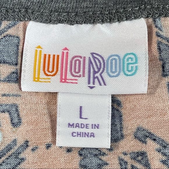 Lularoe size large orange tribal design, grey 3/4 sleeves & collar, curved hem - Picture 9 of 12